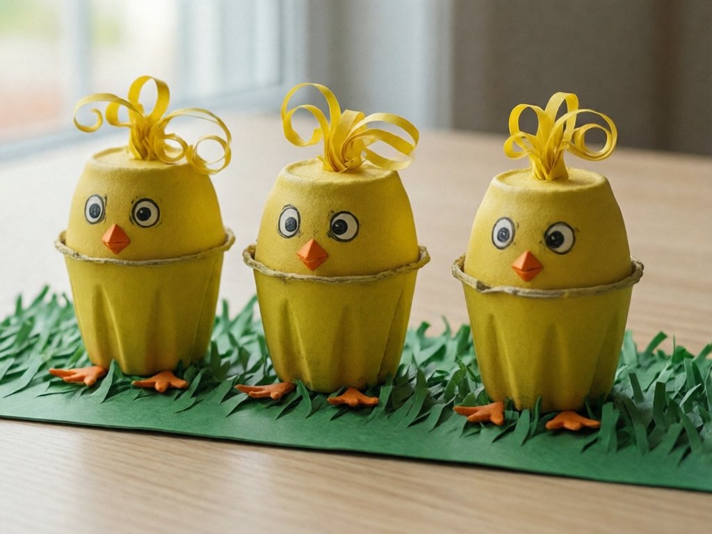 Three yellow egg carton cup chicks with orange beaks on a green paper grass strip
