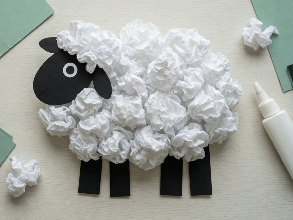 Paper sheep with white tissue paper fleece, black head and legs