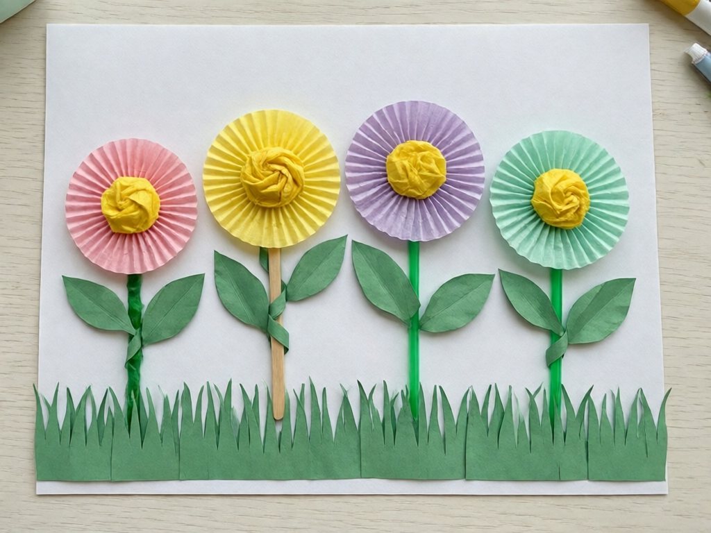 Row of pastel cupcake liner flowers with yellow centers, stems and green leaves
