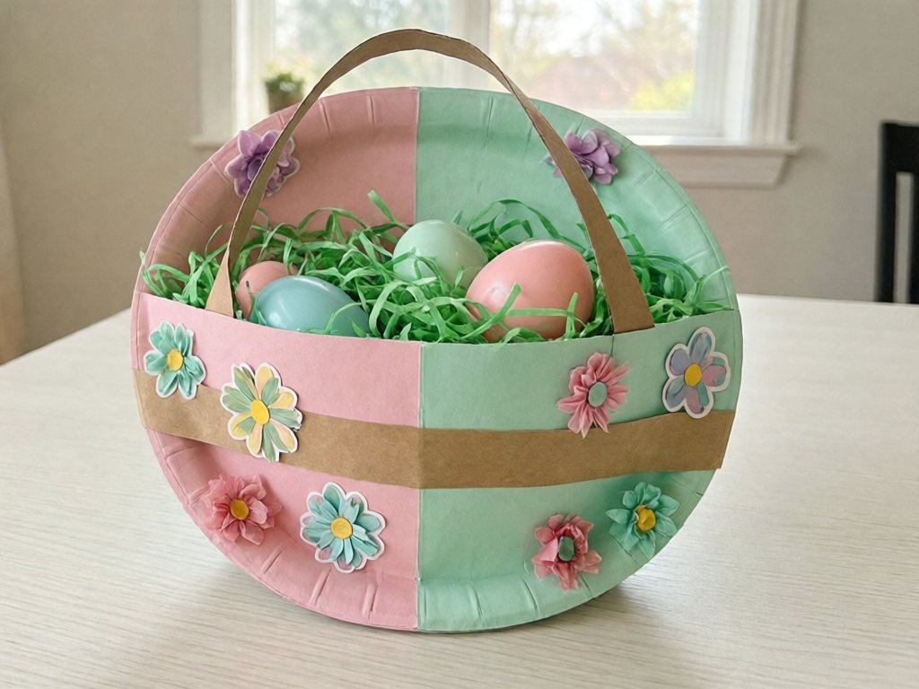 Pastel painted paper plate Easter basket with card stock handle and green paper grass