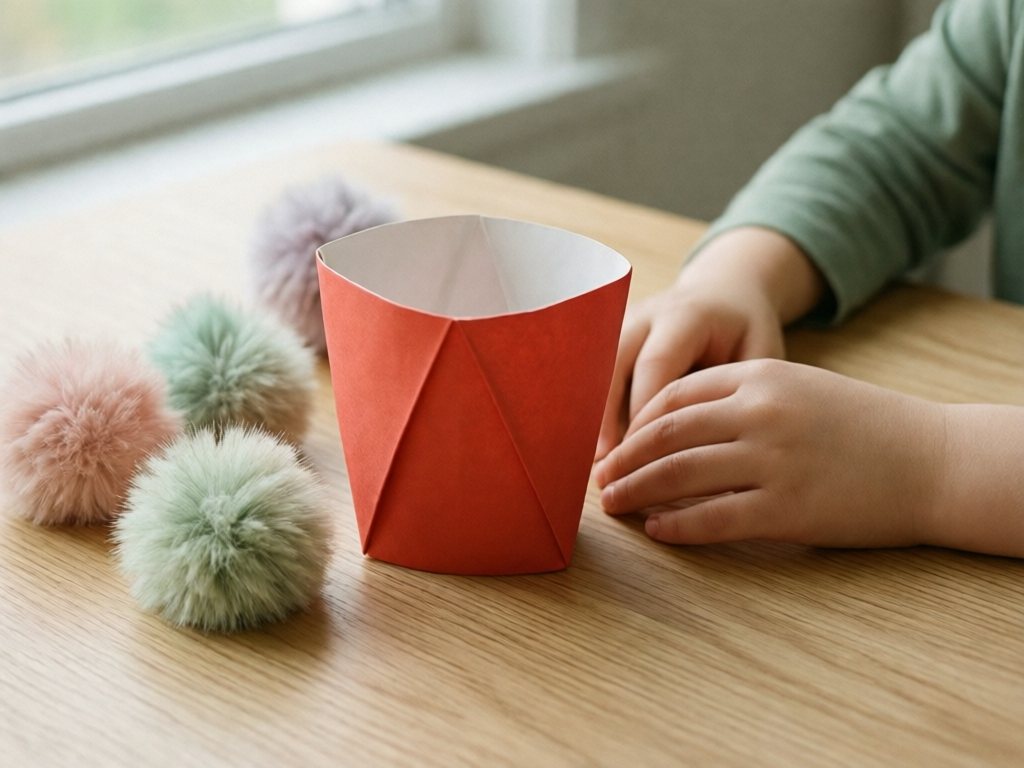 Finished red paper origami cup holding large pastel pom poms on a wooden table