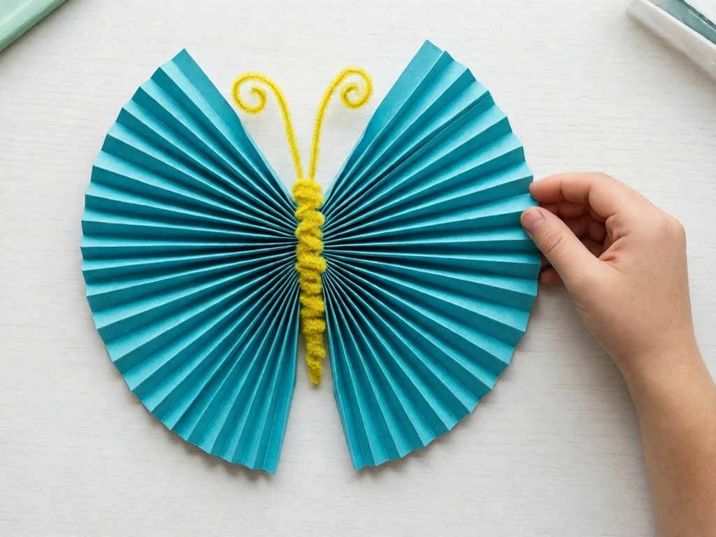 Turquoise pleated paper butterfly with yellow pipe cleaner body and antennae on a white table