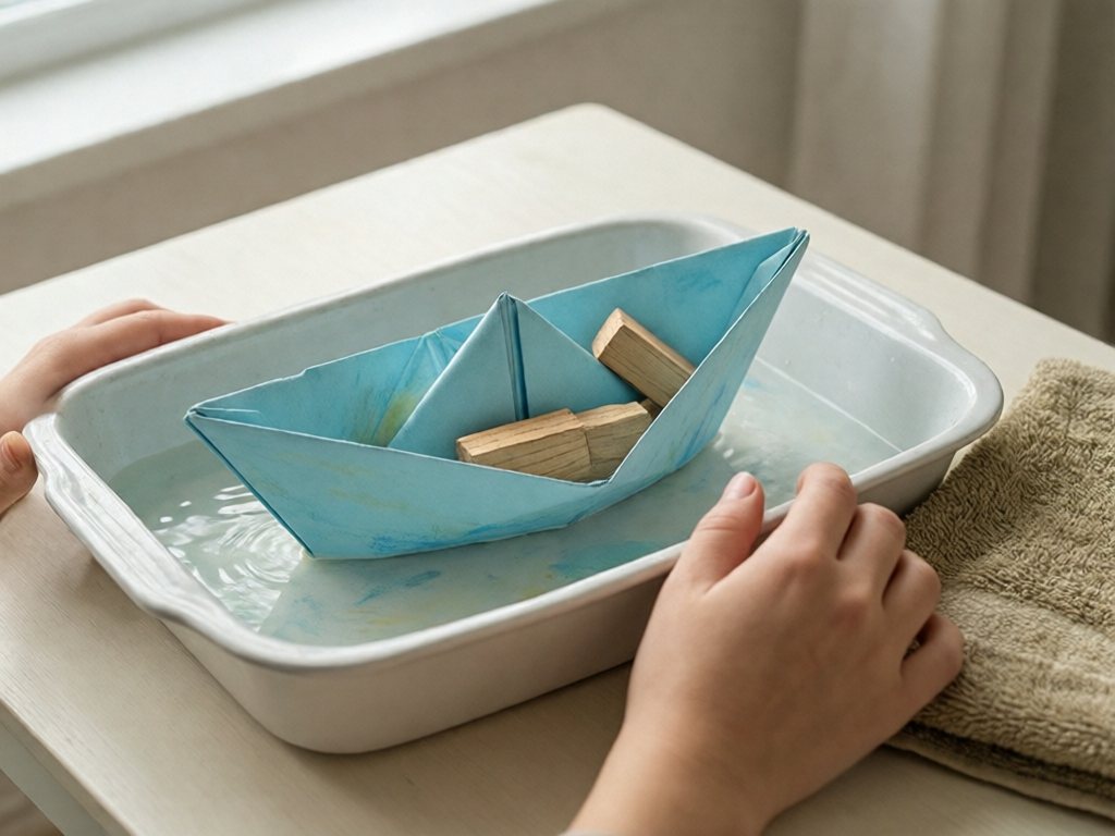 Light-blue folded paper boat floating in a baking pan of water carrying two wooden blocks