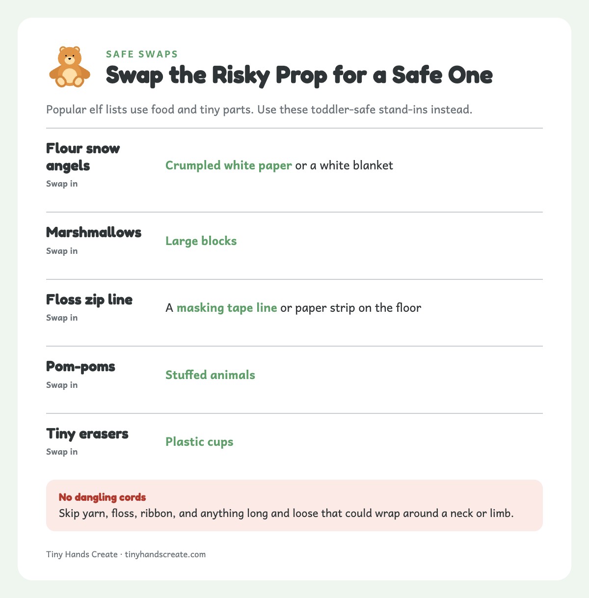 Table of five risky elf props paired with toddler-safe swaps, such as flour for crumpled white paper