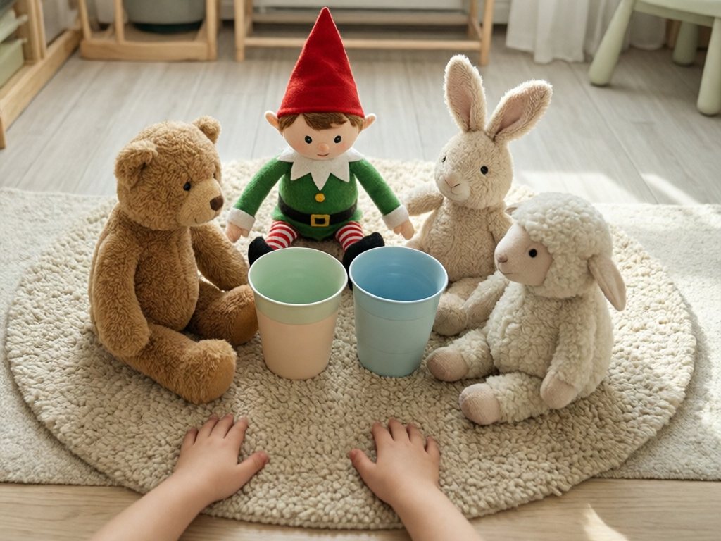 Plush elf in a circle with stuffed animals and two plastic toy cups on a cream rug