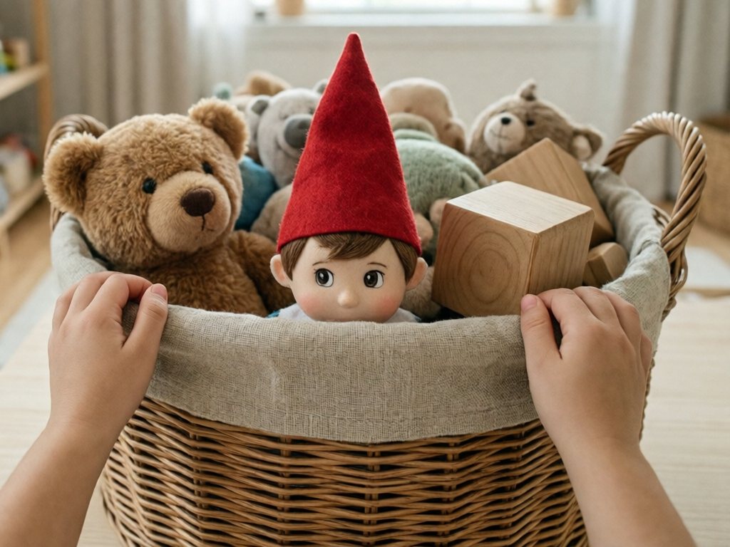Plush elf peeking out of a woven toy bin filled with stuffed animals and big blocks