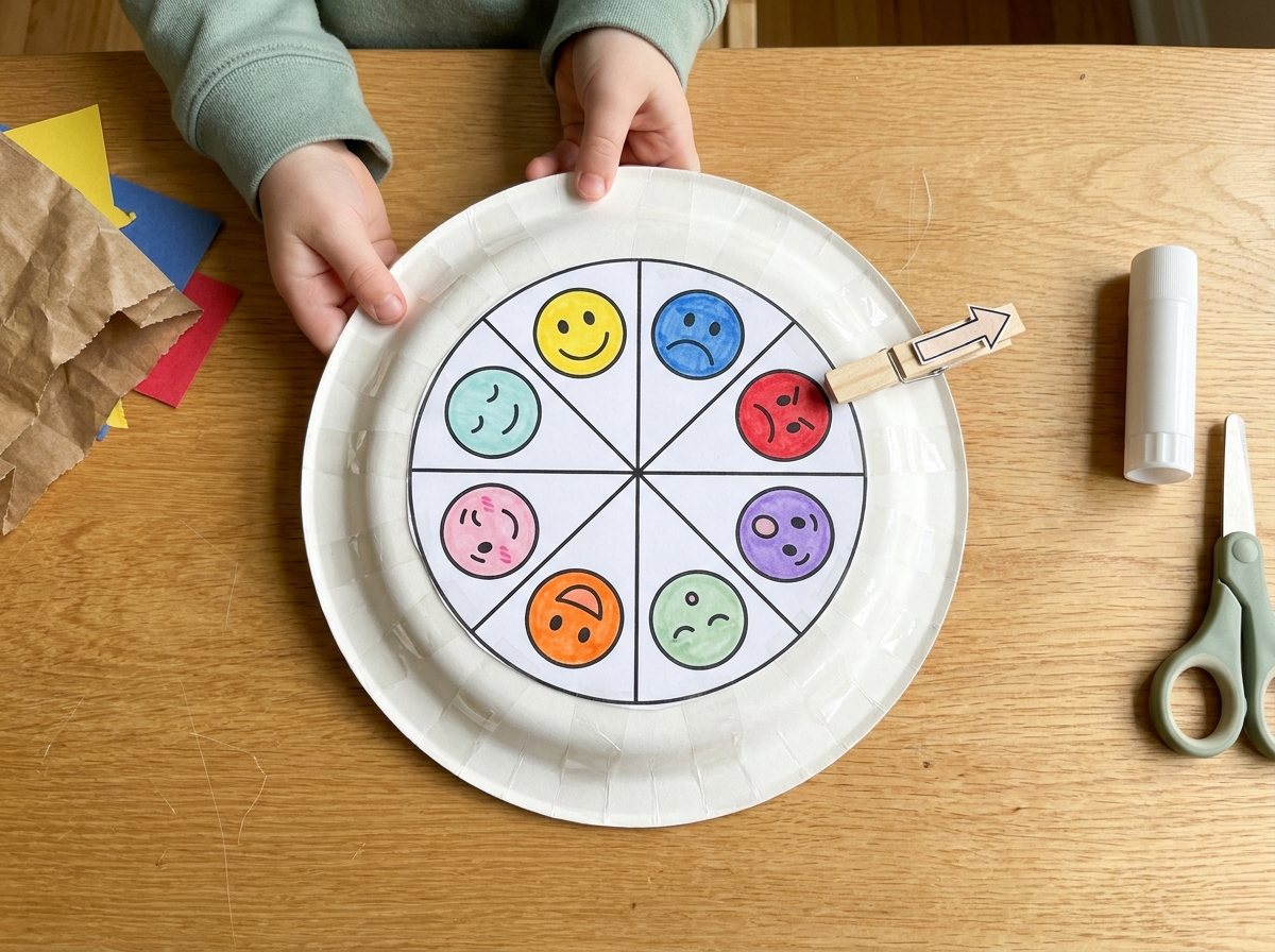 Finished paper plate feelings wheel with eight colorful faces and a wooden clothespin pointer clipped to the red wedge