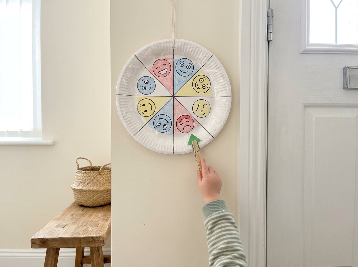 Taped paper-plate feelings wheel with clothespin pointer hung low on a cream wall above a wooden bench