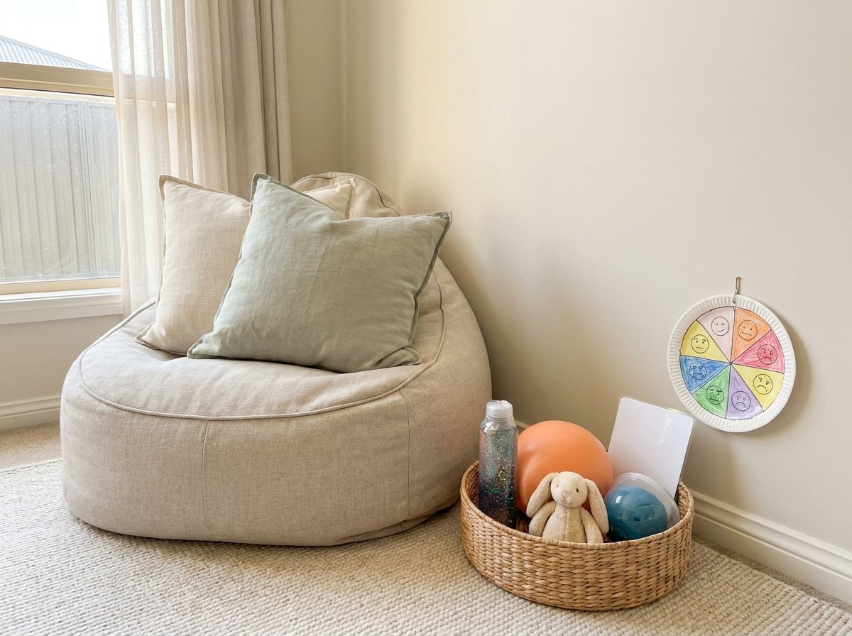 Beanbag, pillows and a basket of calming items beside a paper-plate feelings wheel on a low wall