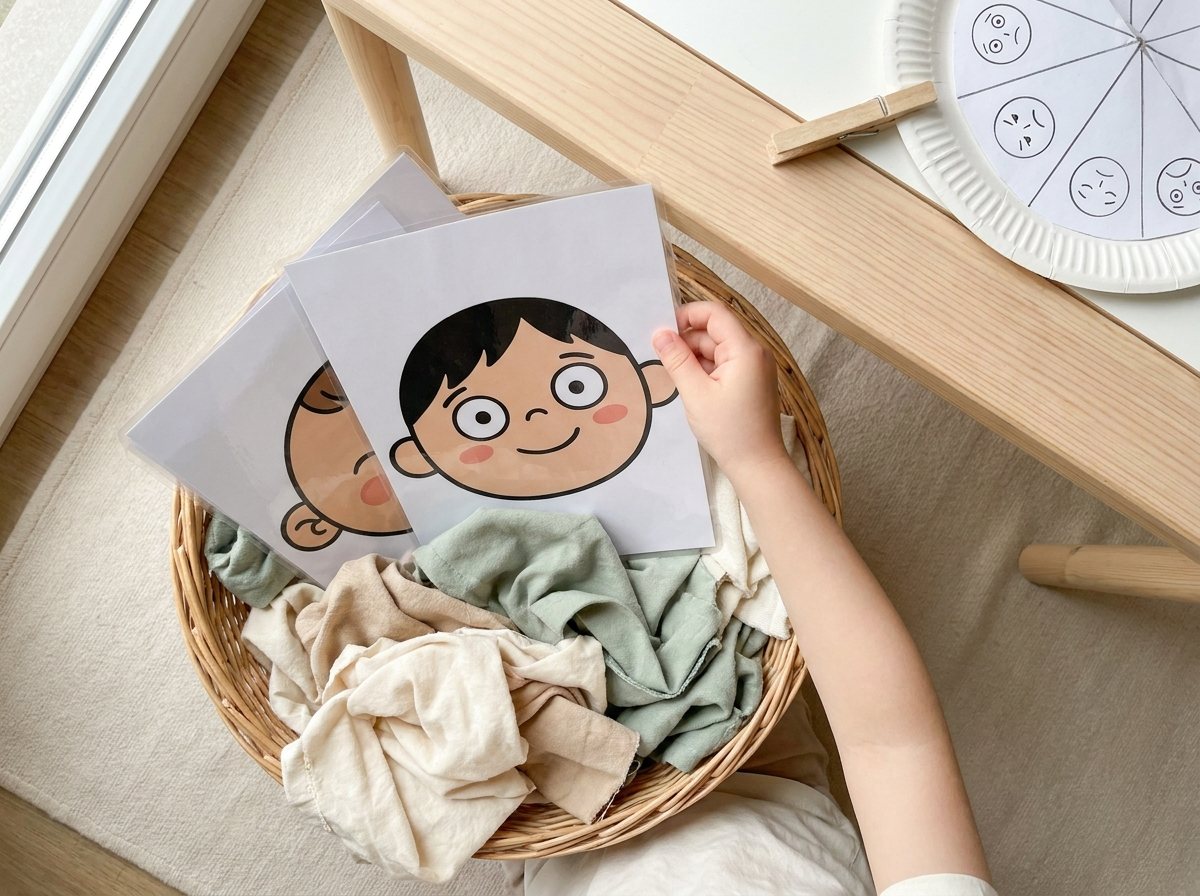 Child's hand pulling a large laminated face card from a basket beside a paper-plate feelings wheel