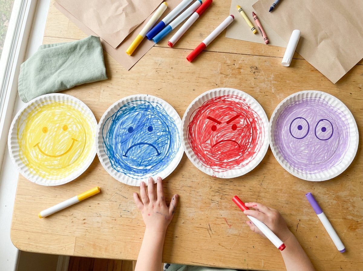 Four paper plate faces drawn in marker showing happy, sad, mad and surprised expressions