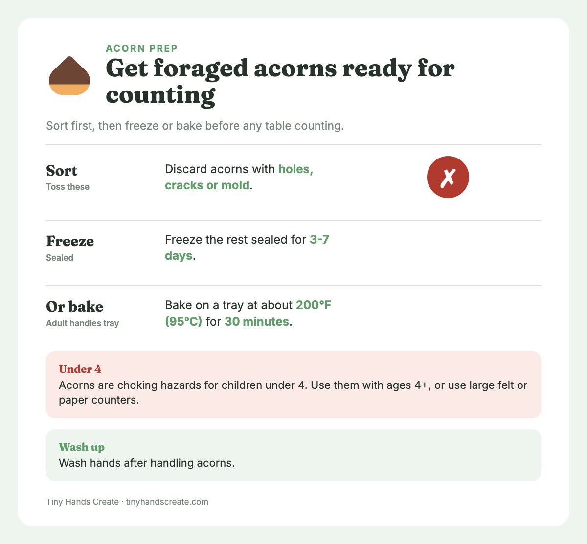 Steps for preparing foraged acorns: discard damaged ones, then freeze 3-7 days or bake at 200°F for 30 minutes