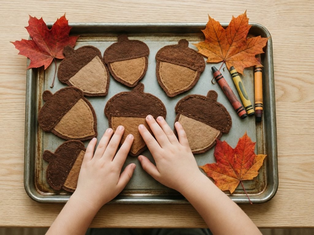 Child's hand touching large felt acorns on a rimmed baking sheet with maple leaves and crayons
