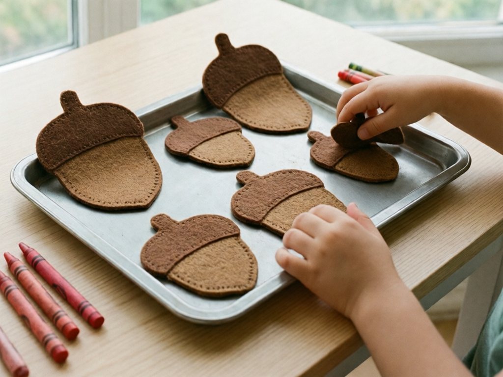 Large felt acorns scattered on a rimmed baking sheet with two stopped at the edge