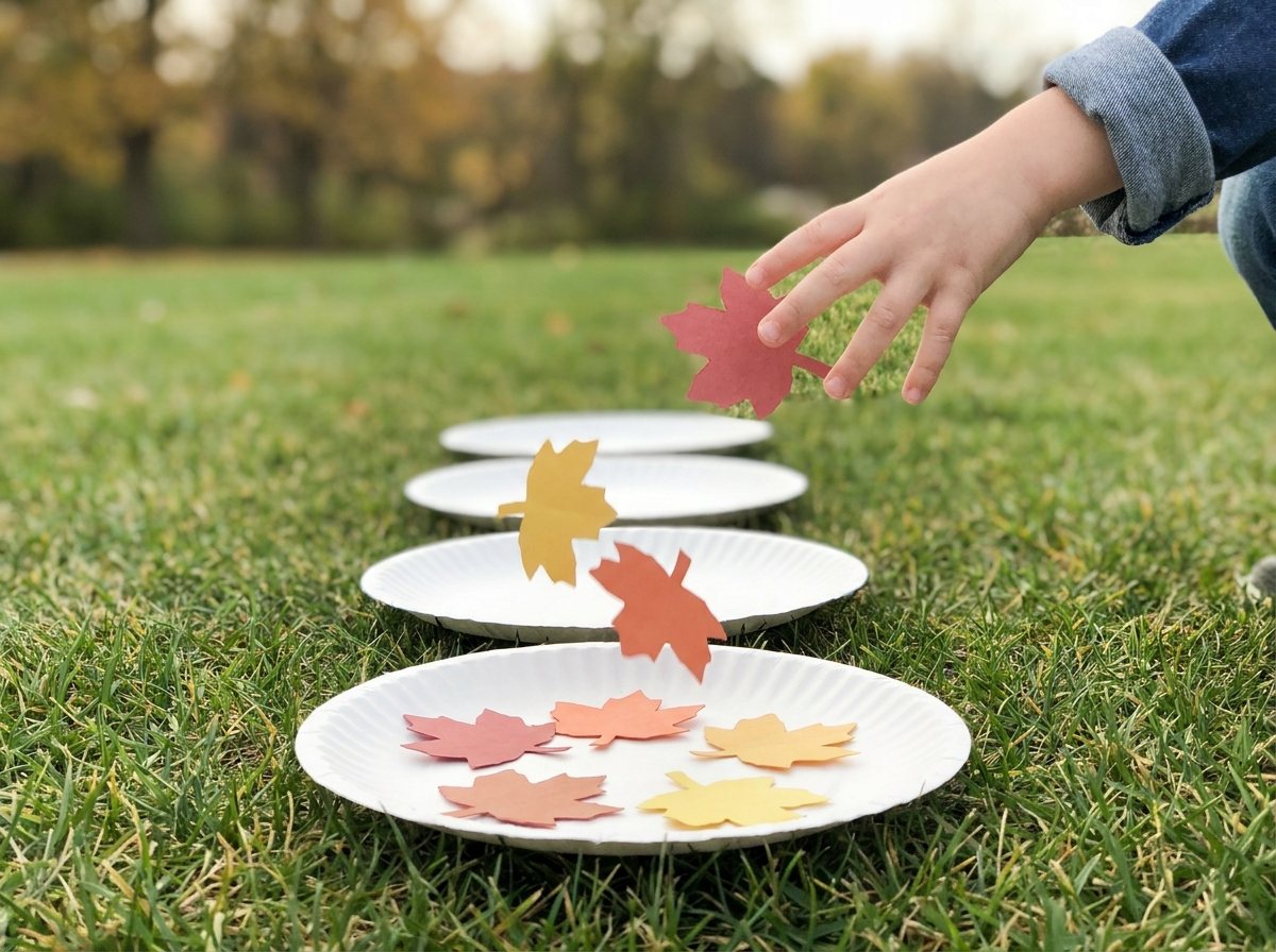 Child's hand tossing paper leaves onto plain paper plates on grass