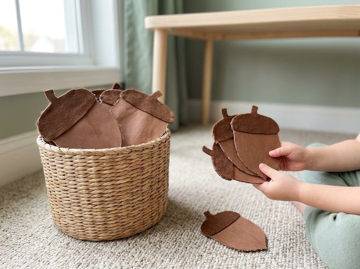 Child's hands gathering four large felt acorns from a basket on a rug