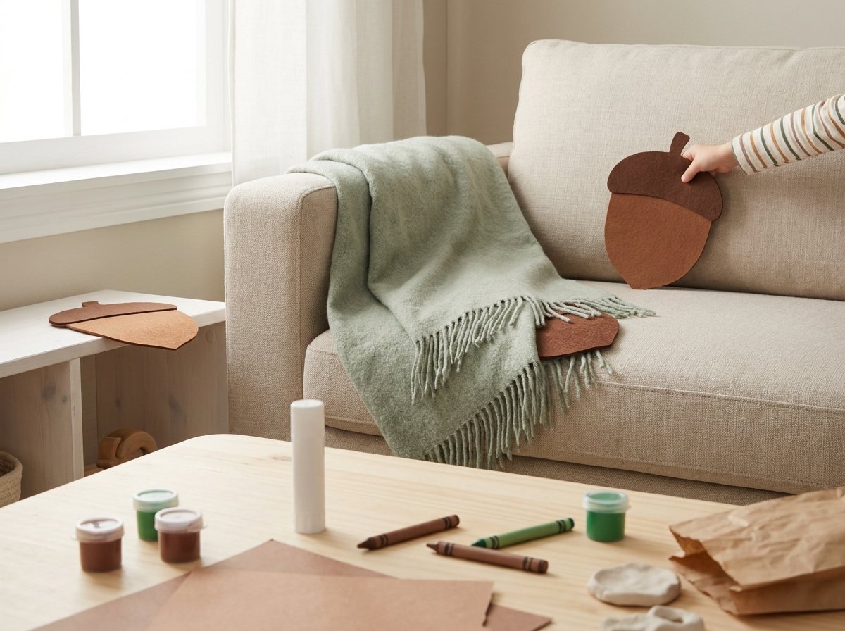 Child's hand finding a large felt acorn hidden behind a sofa cushion