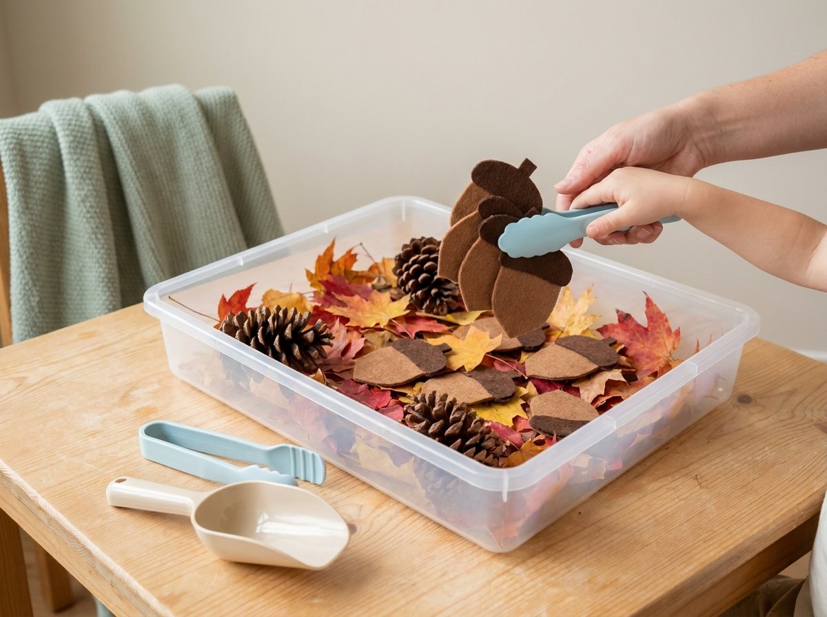 Child using tongs to pick felt acorns out of a bin of leaves and big pinecones