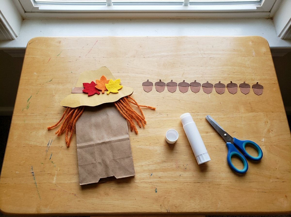Paper bag scarecrow with three felt leaves on its hat beside ten paper acorn caps