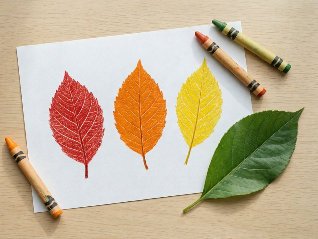 Crayon rubbings of three fall leaves in red, orange and yellow on white paper