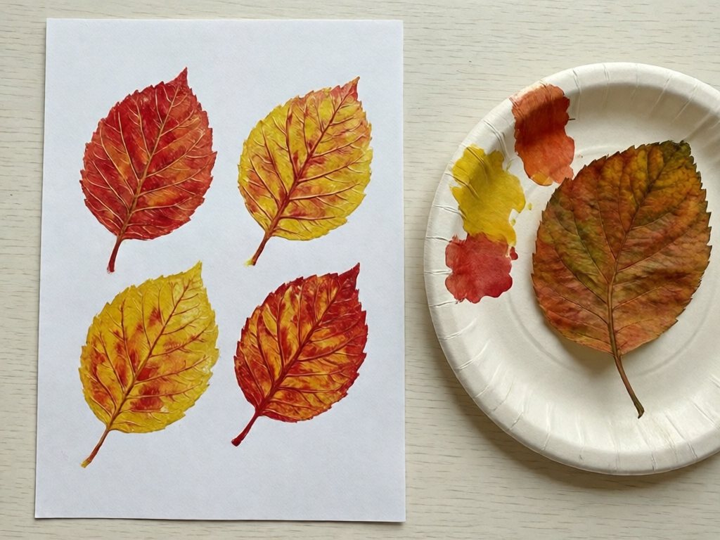 Paper stamped with red, orange and yellow leaf prints beside a paper plate of paint