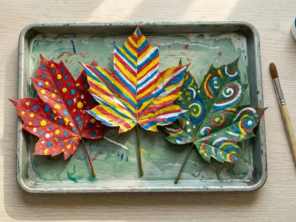 Three large leaves painted with dots, stripes and swirls drying on a tray