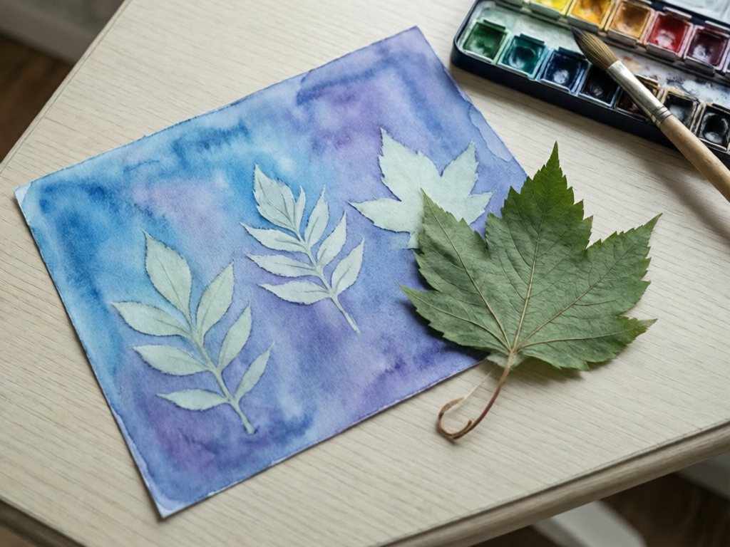 Watercolor paper with pale leaf shapes left white by taped-down leaves