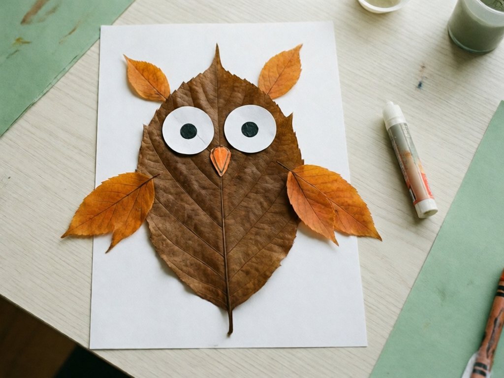 Owl made from a large brown leaf with paper-circle eyes and a drawn beak