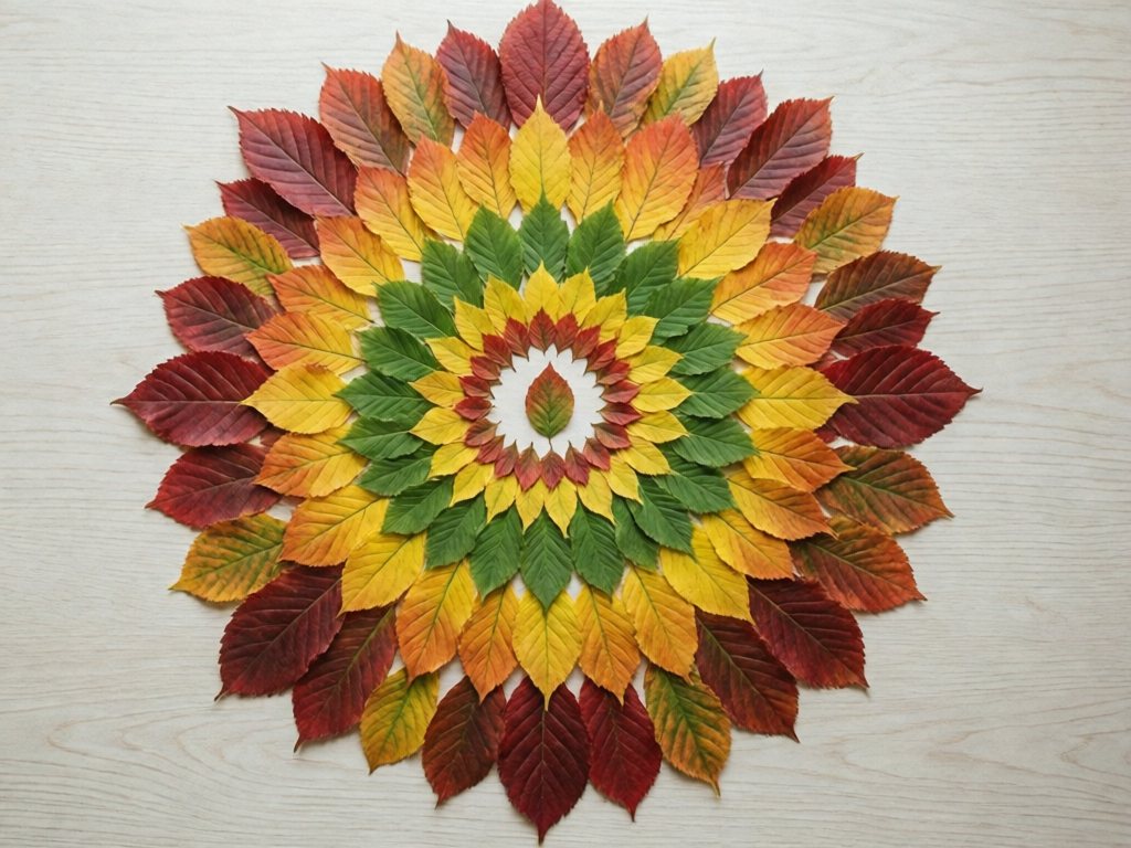 Circular leaf mandala with large outer leaves and tiny leaves at the center