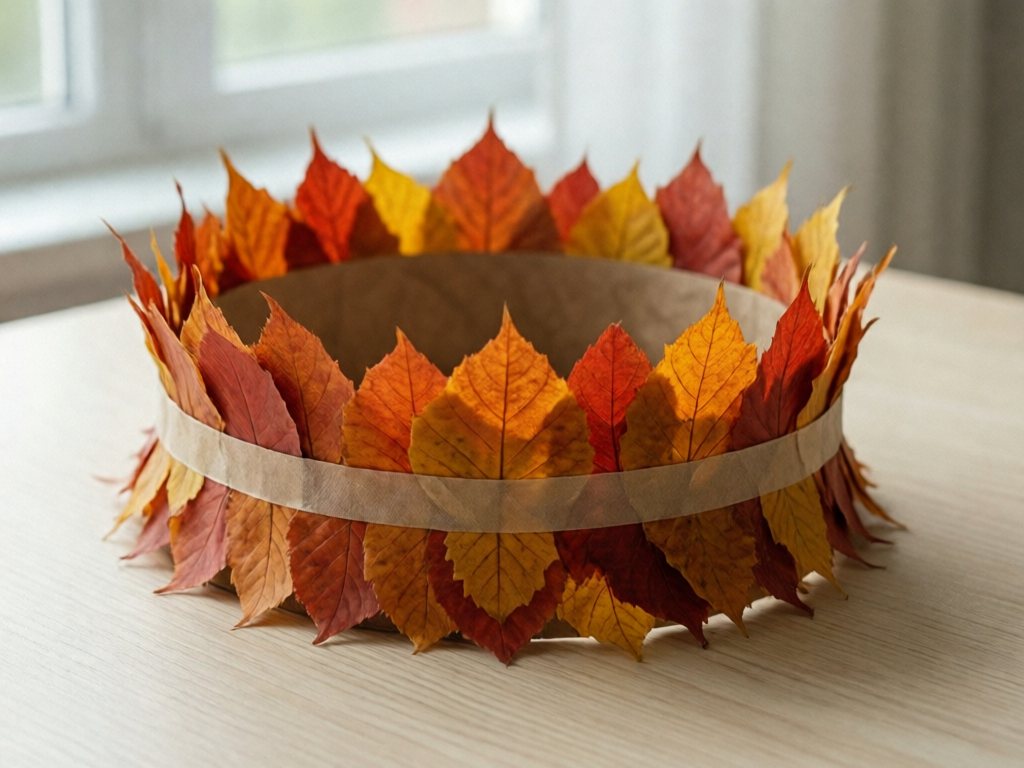 Paper band crown covered in overlapping red, orange and yellow leaves