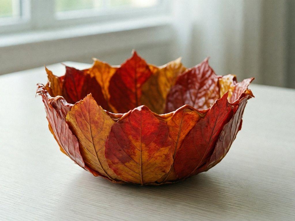 Lumpy handmade bowl of layered fall leaves with a glossy sealed finish
