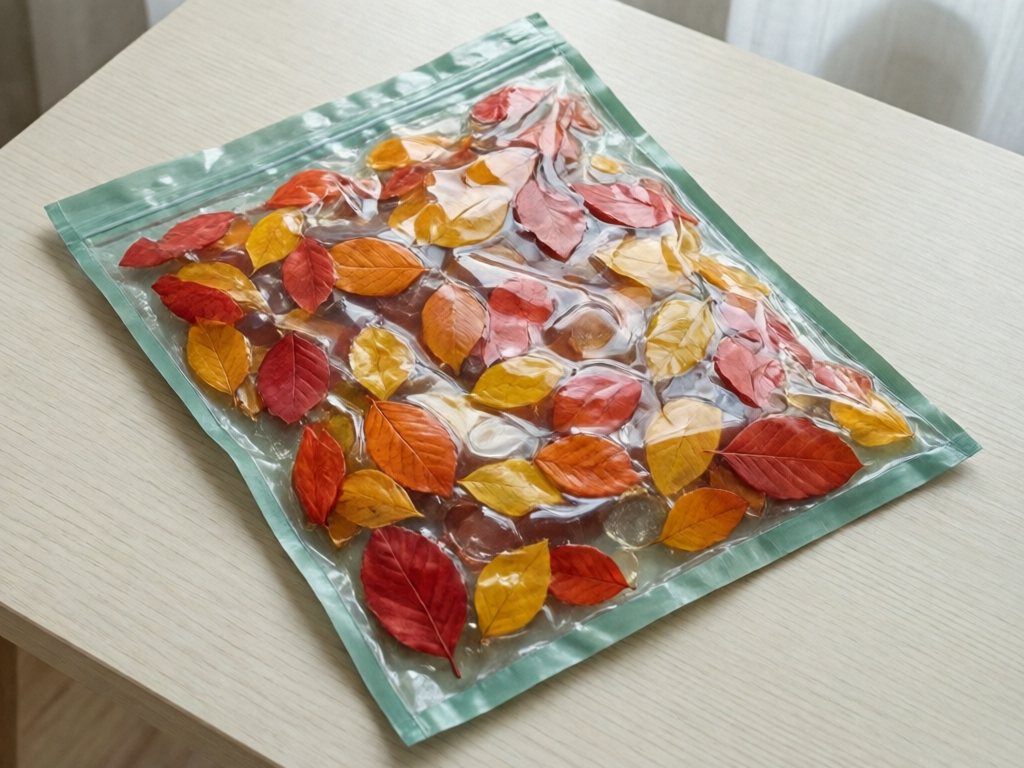 Taped, sealed zip-lock bag of clear gel with small fall leaves inside
