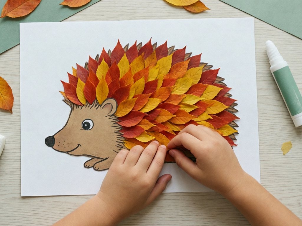 Paper hedgehog covered in overlapping small fall leaves as spines, with a child's hand adding a leaf
