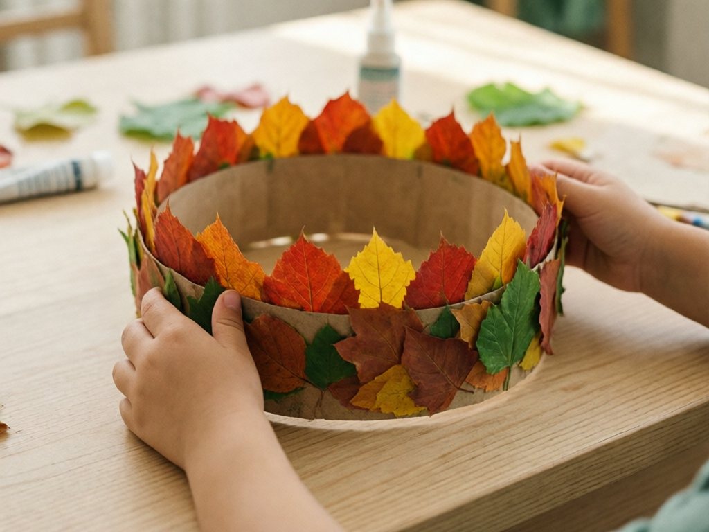 Kraft paper crown covered in overlapping red, orange and yellow fall leaves held by a child's hands