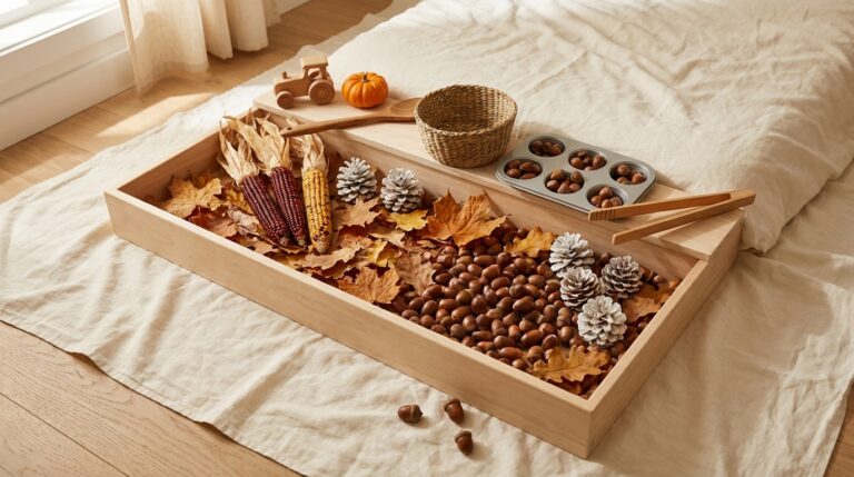Fall Sensory Bin for Toddlers with Acorns and Pinecones
