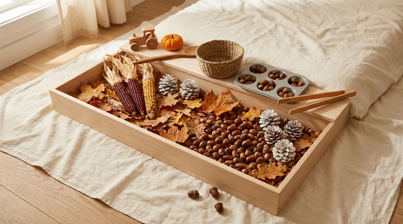 Fall Sensory Bin for Toddlers with Acorns and Pinecones
