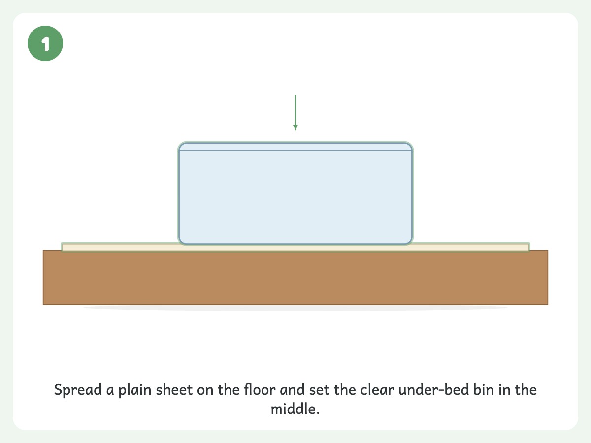 Step 1: Lay the bedsheet and set down the bin