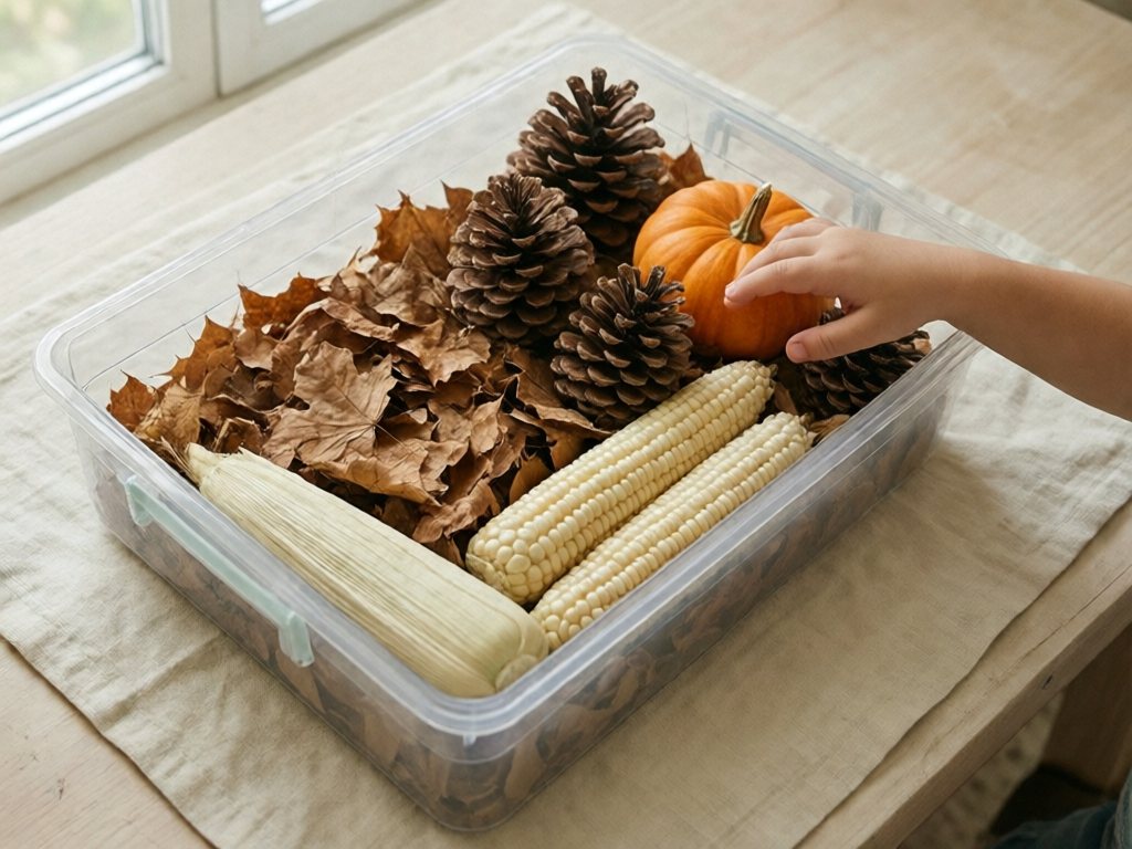 Toddler hand reaching into a fall sensory bin of big leaves, bare corn cobs, fist-sized pinecones and a mini orange pumpkin
