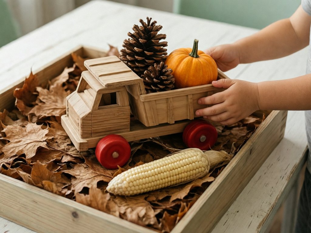Toddler hand pushing a wooden dump truck loaded with large pinecones and a mini gourd through crunchy leaves