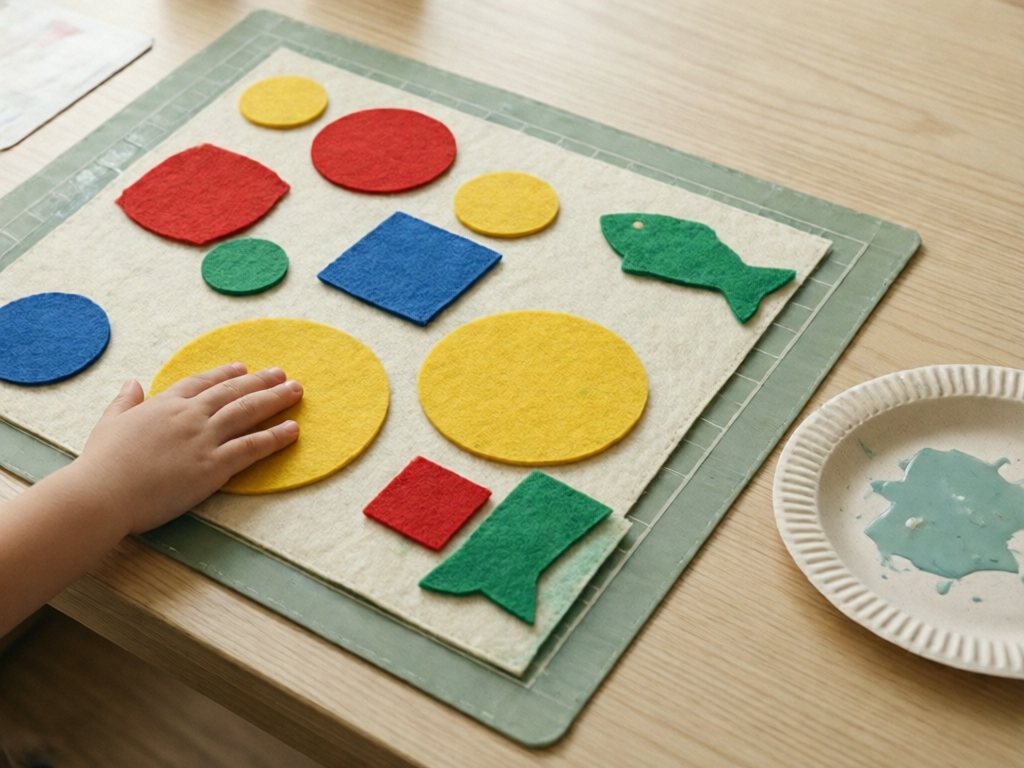 Toddler hand pressing a large felt circle onto a cream felt board covered in colorful felt shapes