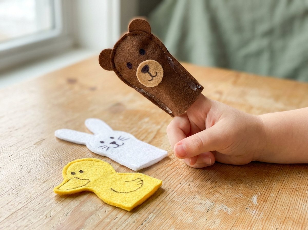 Small hand wearing a brown felt bear finger puppet beside a felt bunny and duckling on a wooden table