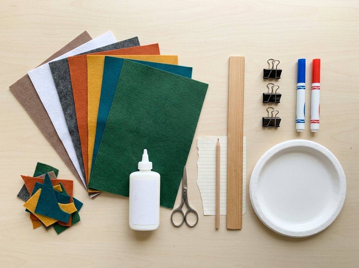Flat-lay of colorful felt sheets, tacky glue, scissors, ruler, binder clips, markers and a paper plate on a wood table