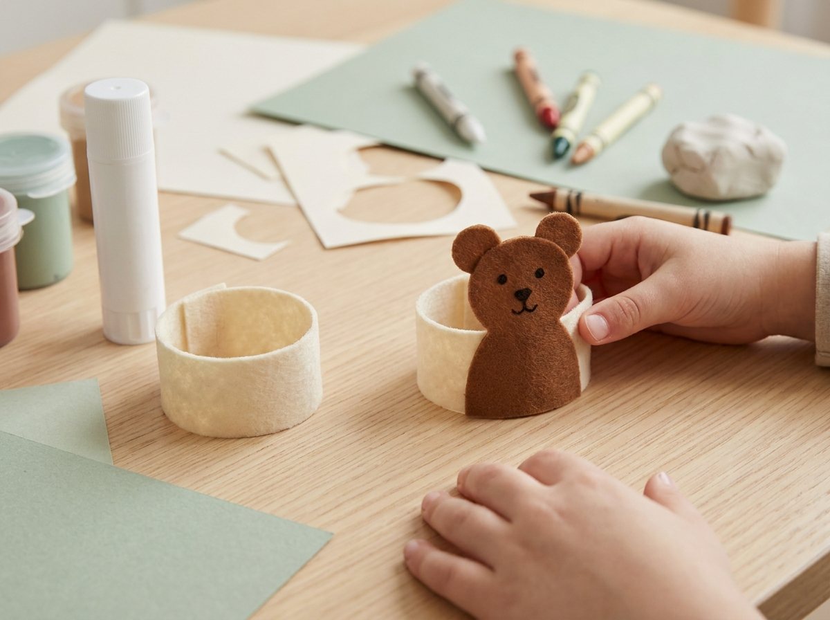 Brown felt bear puppet glued to the front of a cream felt ring cuff on a light table
