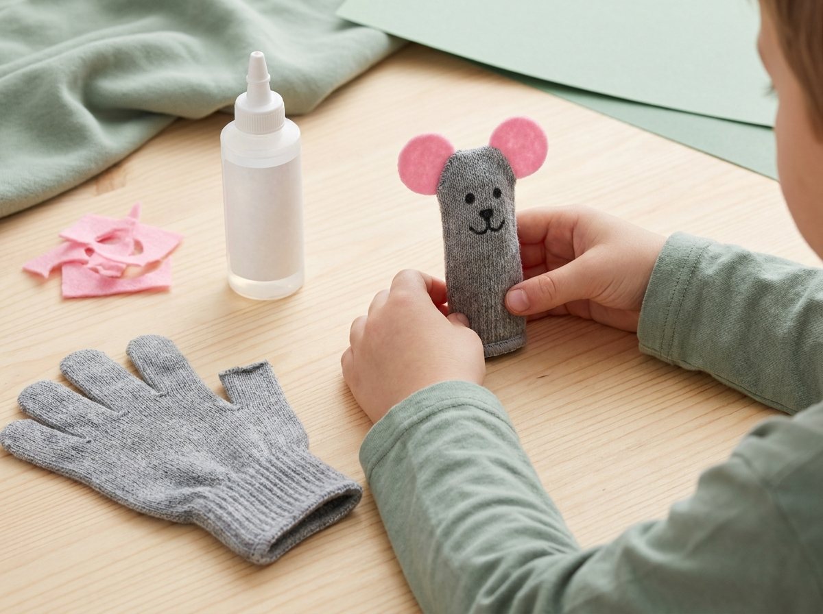 Gray knit glove finger turned into a puppet with pink felt ears, beside the rest of the glove and felt scraps