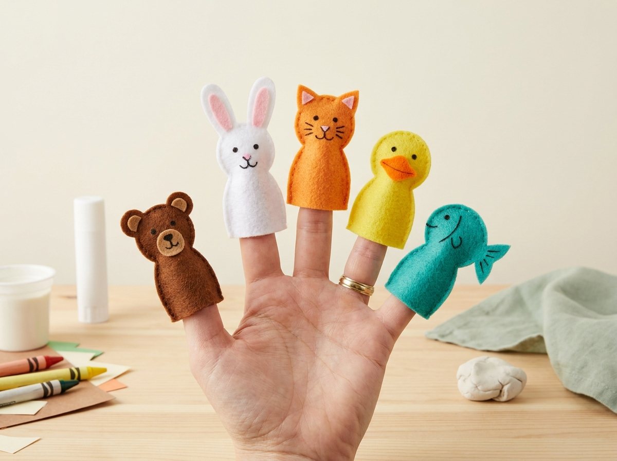 An adult hand wearing five felt finger puppets: bear, bunny, kitty, duckling and fish