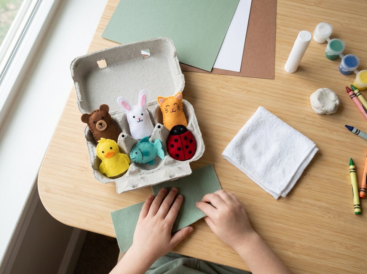 Open egg carton with a felt finger puppet in each cup next to a folded white cloth