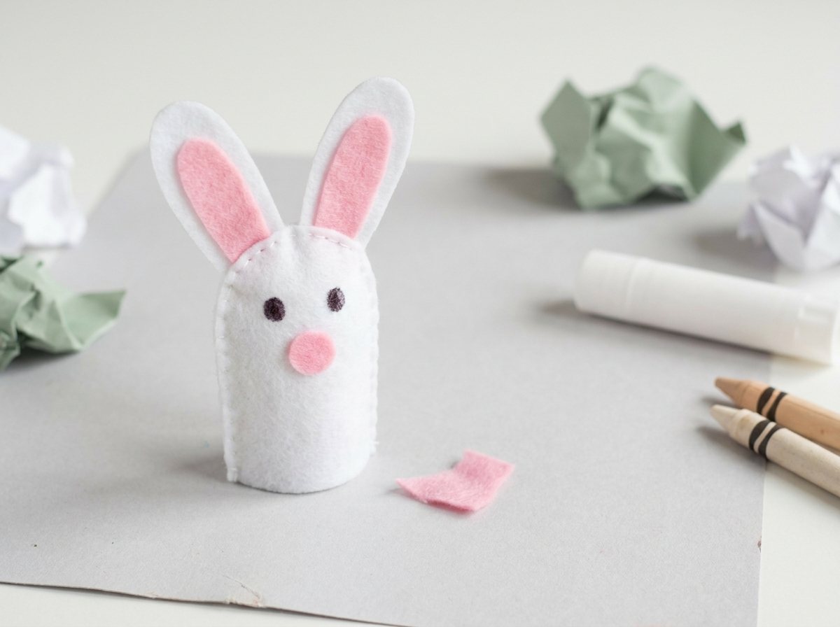 White felt bunny finger puppet with long pink-lined ears standing on a gray surface