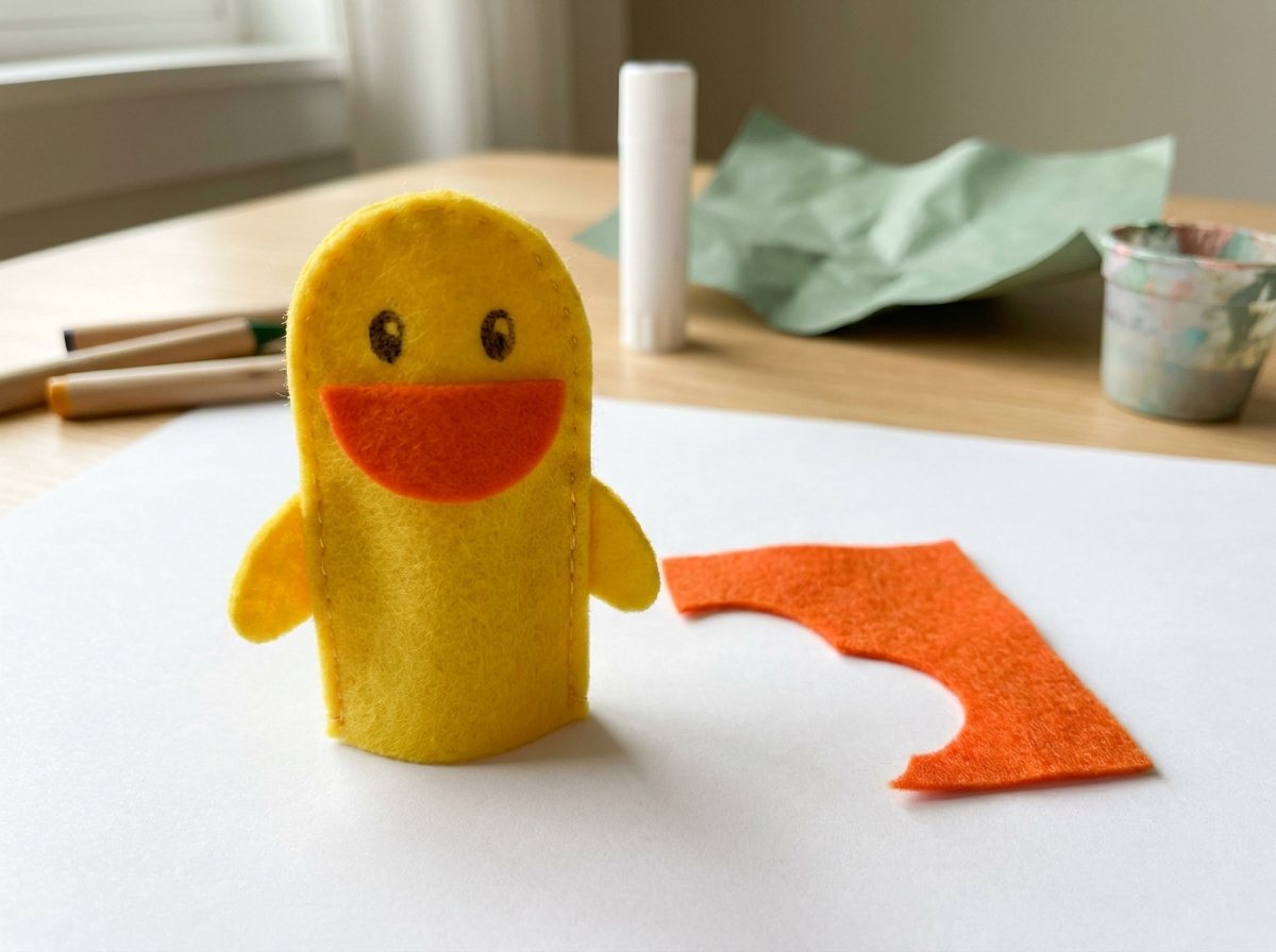 Yellow felt duckling finger puppet with an orange beak and small wings on a white surface