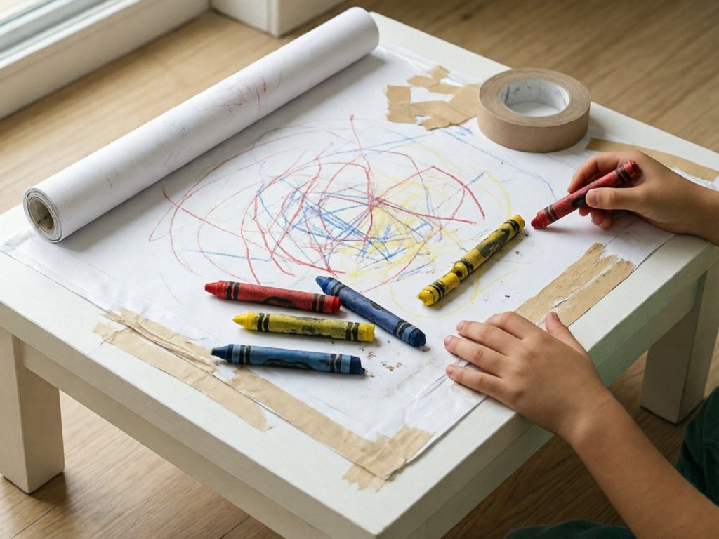 Craft table with scribbled paper, worn-down fat crayons and a used roll of masking tape