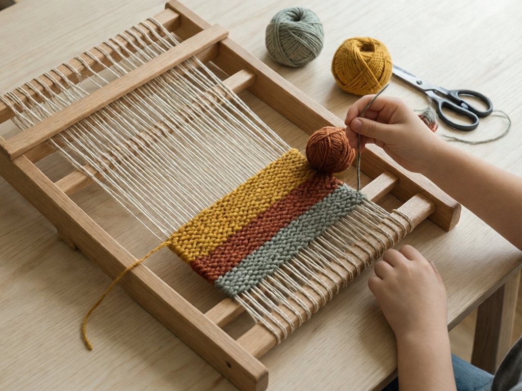 Child's hand weaving mustard, rust and sage yarn on a simple wooden frame loom